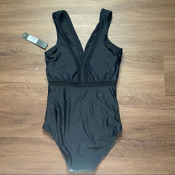 NWT Nicole Miller Black Plunging One Piece Swimsuit - Picture 2 of 4
